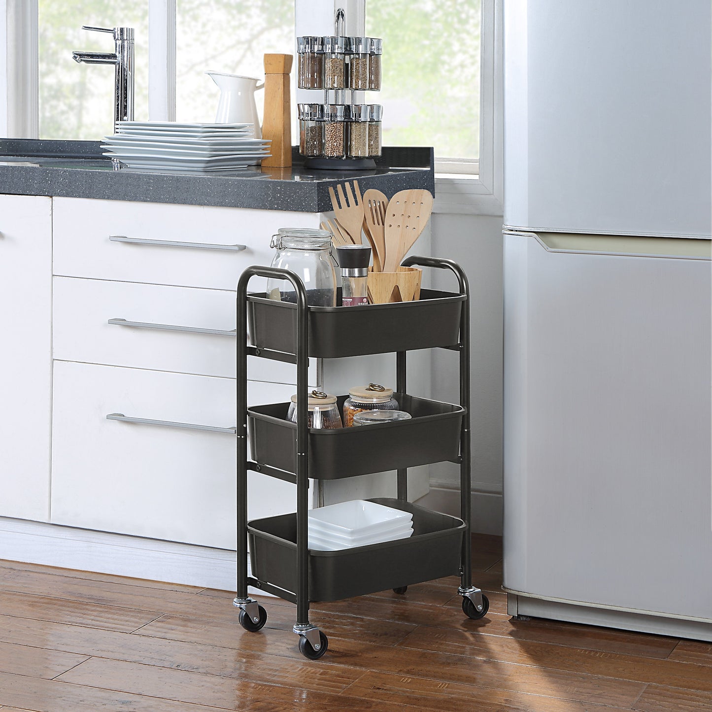 Compact Reinforced Plastic 3 Tier Rolling Utility Cart