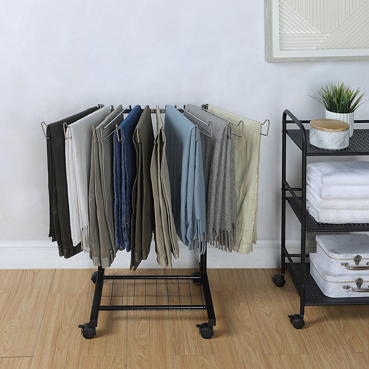 12 Pants/Jeans/Trouser Height Adjustable Rolling Trolley Cart