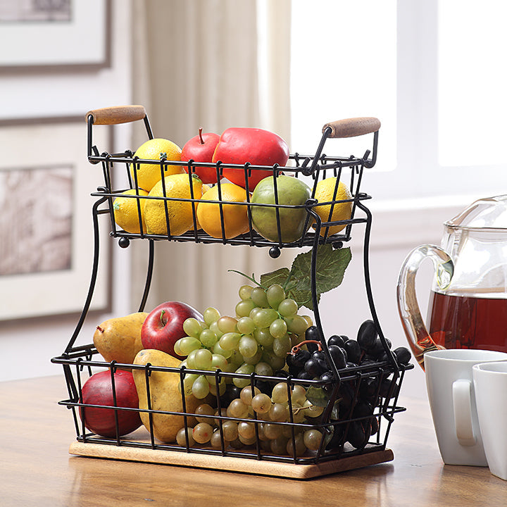 2 Tier Rectangle Storage Basket With Acacia Base