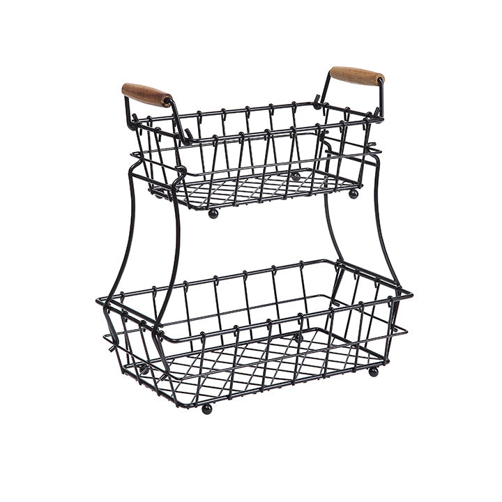 2 Tier Rectangle Storage Basket With Acacia Base