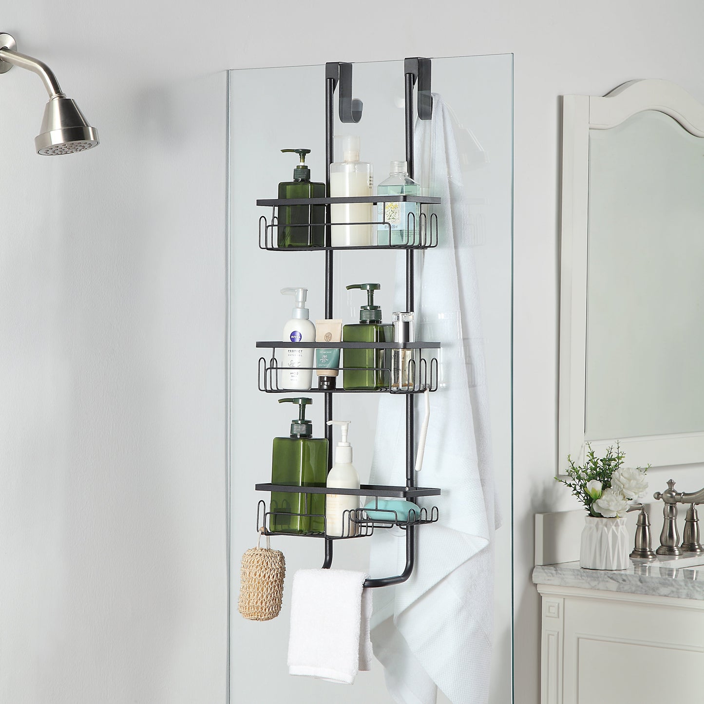 Classic Metal Bathroom Shower Caddy, Over Door Hanging Storage Organizer Basket