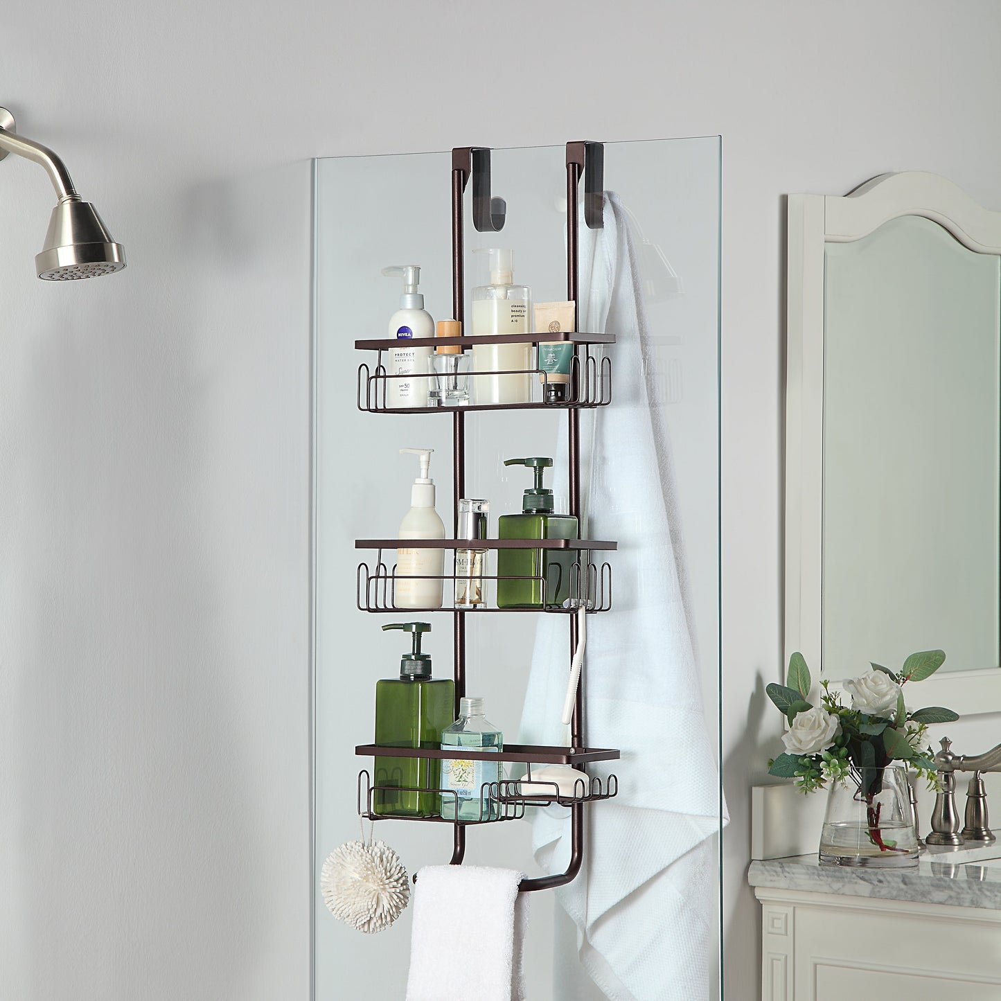 Classic Metal Bathroom Shower Caddy, Over Door Hanging Storage Organizer Basket