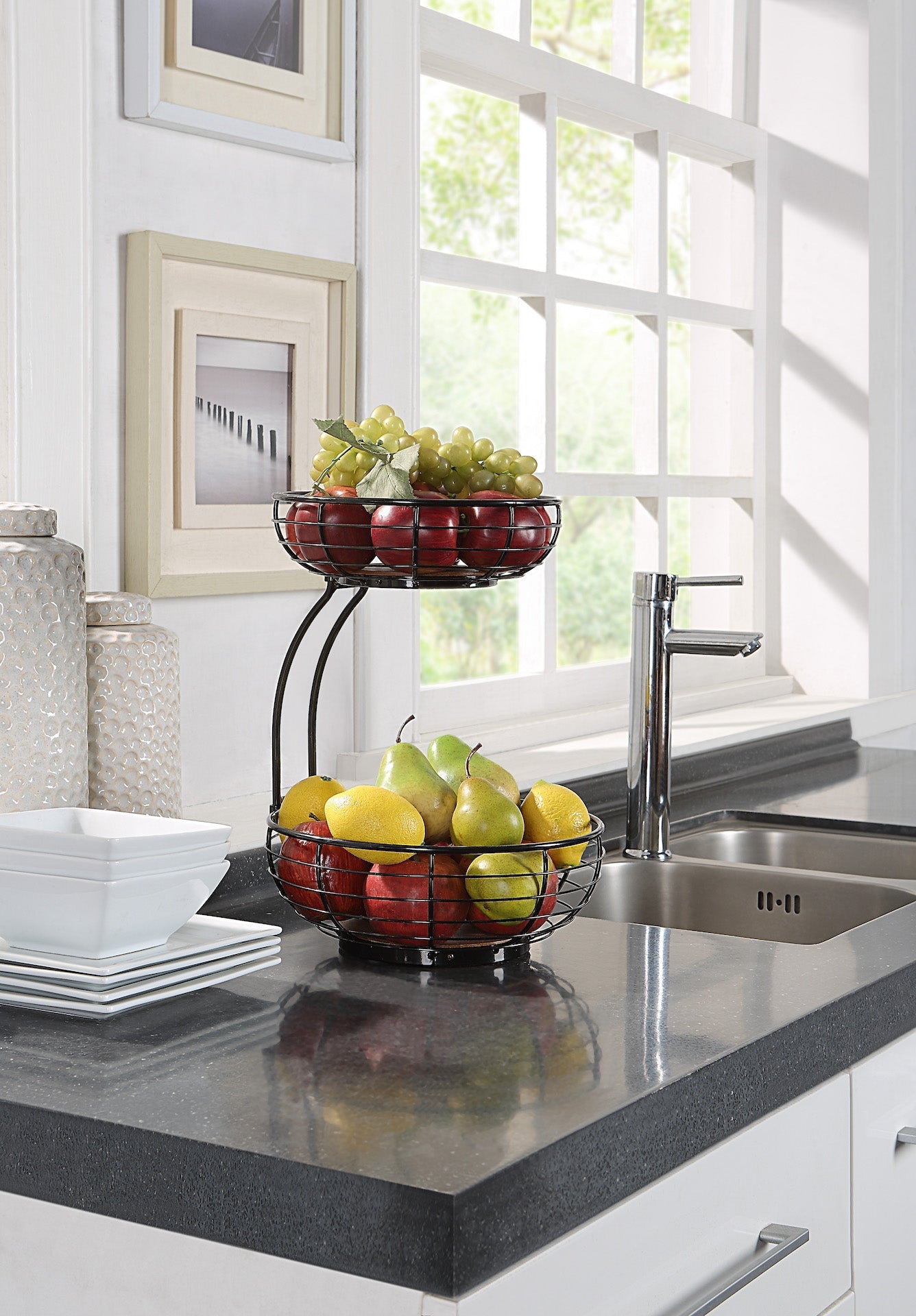 Classic Tabletop 2-tier Wire Fruit Basket Bowl Stand